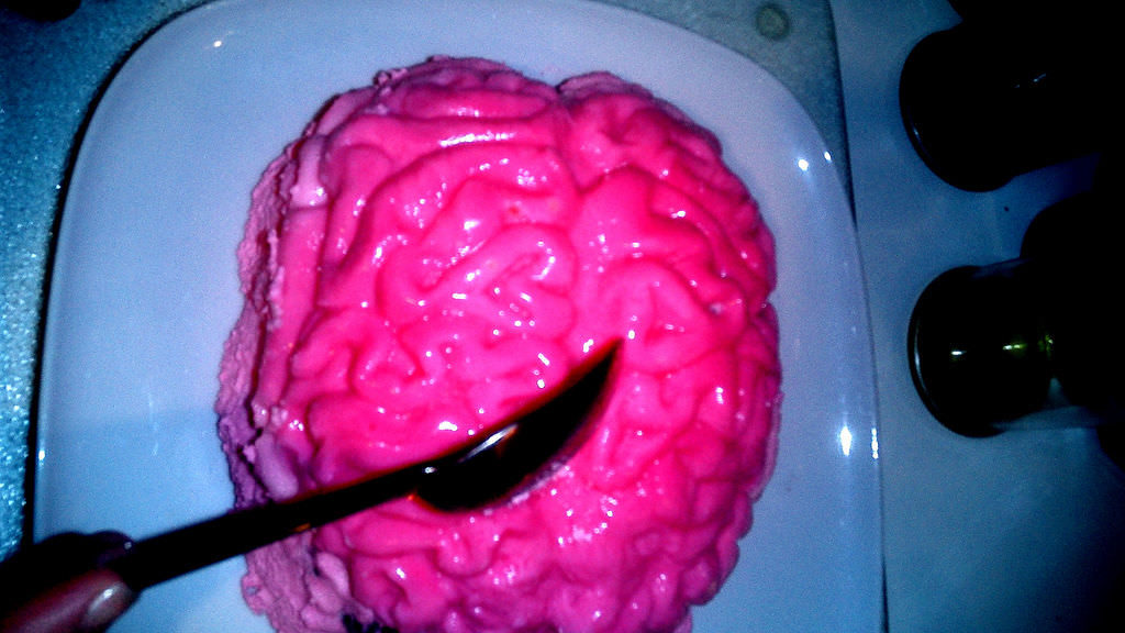 pink jello made in a brain mold